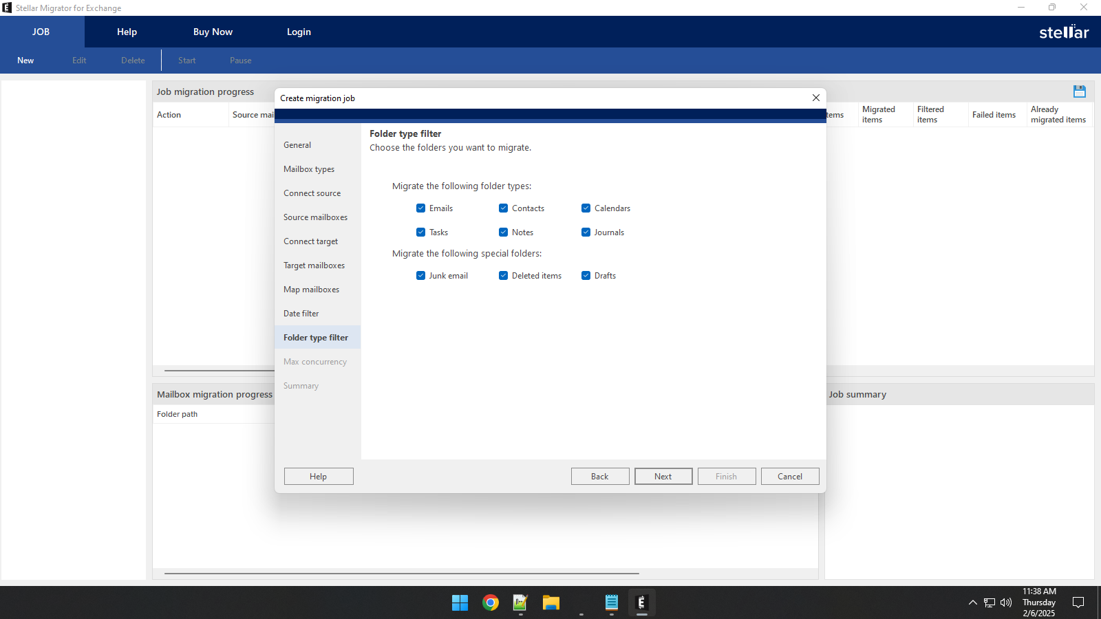Next is the Folder type filter section, here you can include or exclude specific folders from being migrated. By default all, the folders are selected, if you want to exclude a particular folder you can un-check the check box in front of that folder.